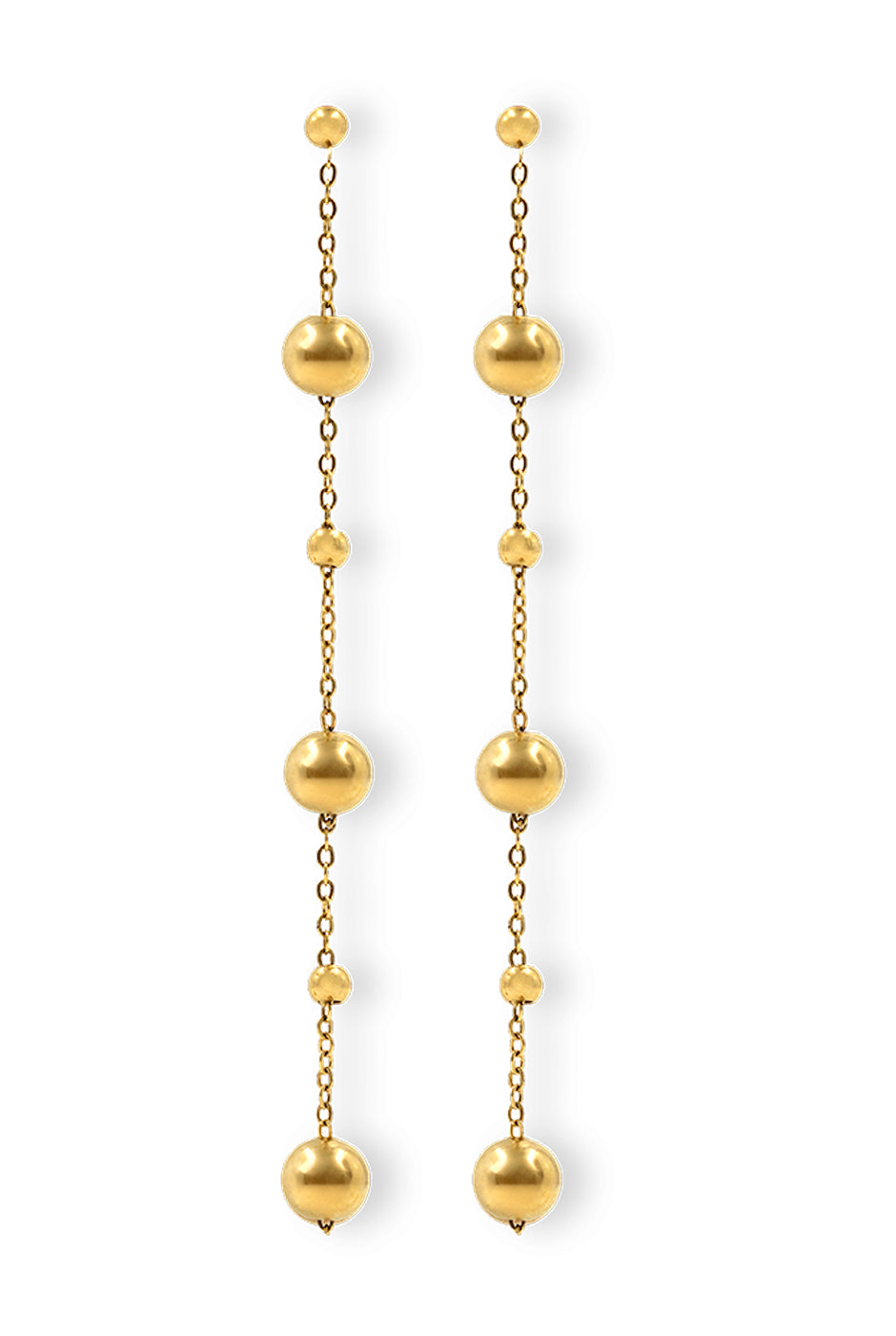 Aretes colgantes dorados con cadenas y esferas