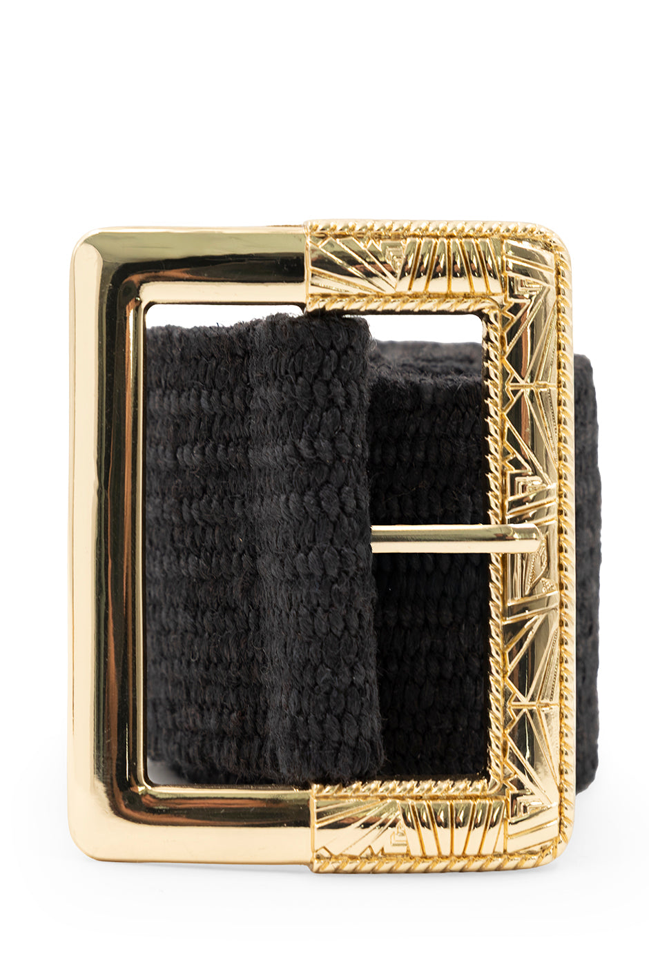 Cinturón negro de yute con hebilla dorada elegante