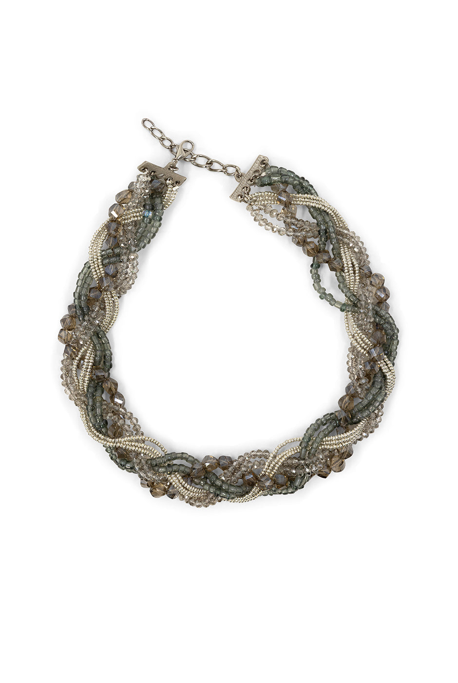 Collar trenzado de chaquira en tonos plomo con broche ajustable