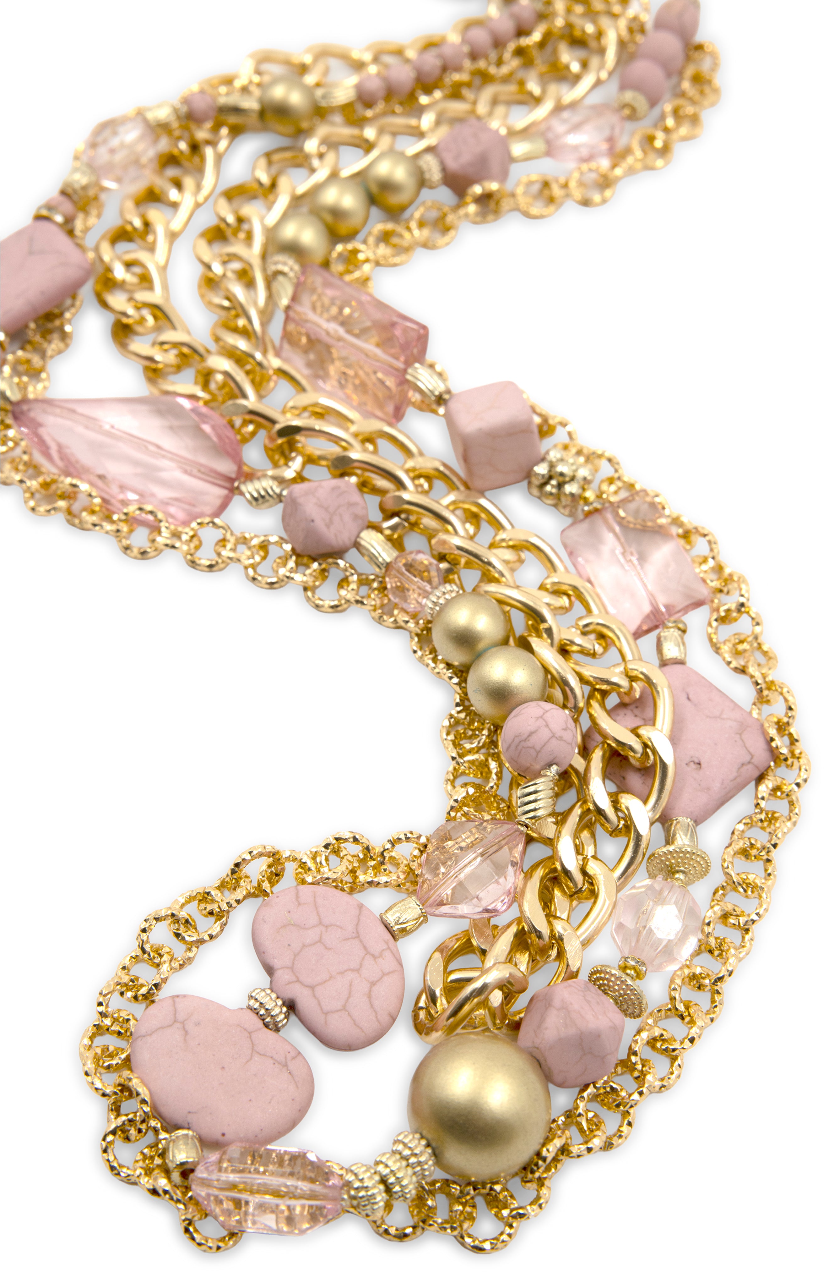 Collar Triple Rose con cadenas doradas y cuentas rosas