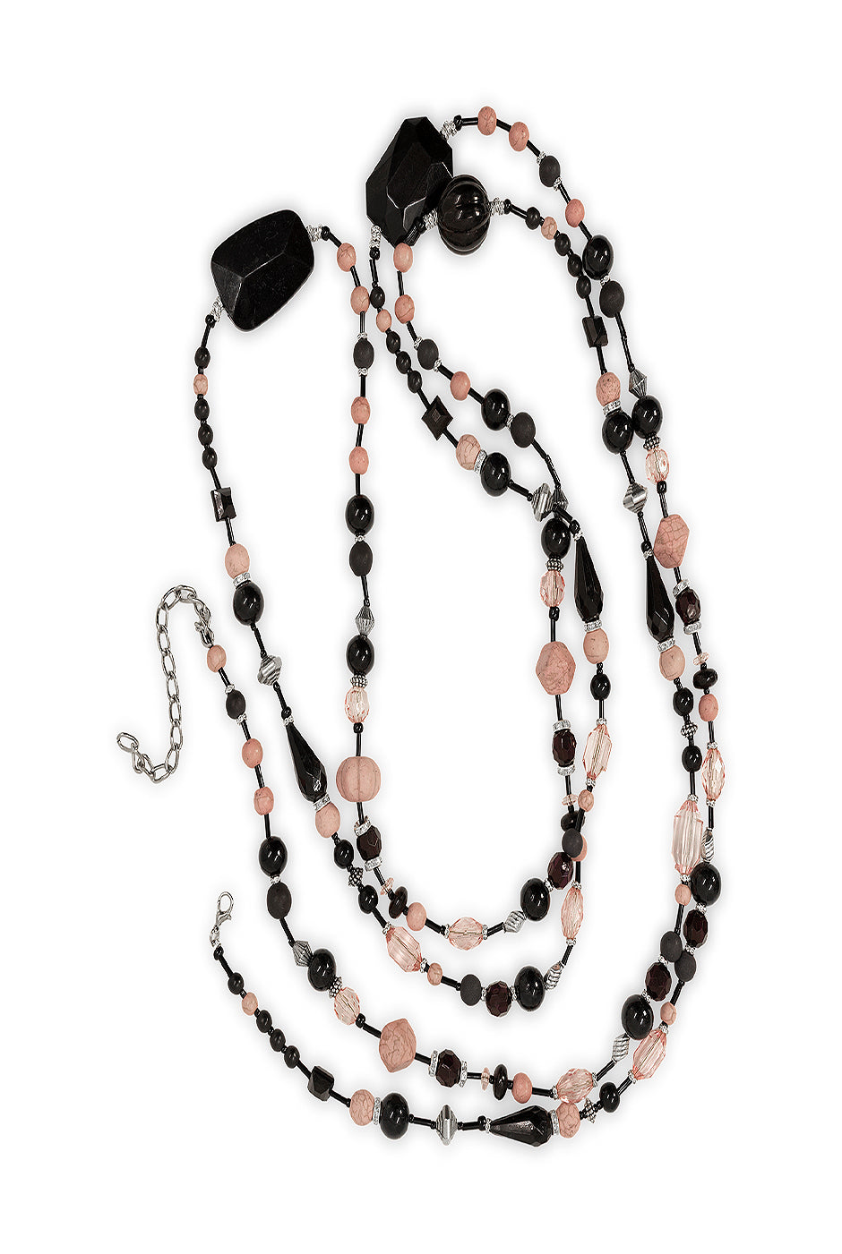 Collar largo con cuentas negras y rosadas de estilo bohemio