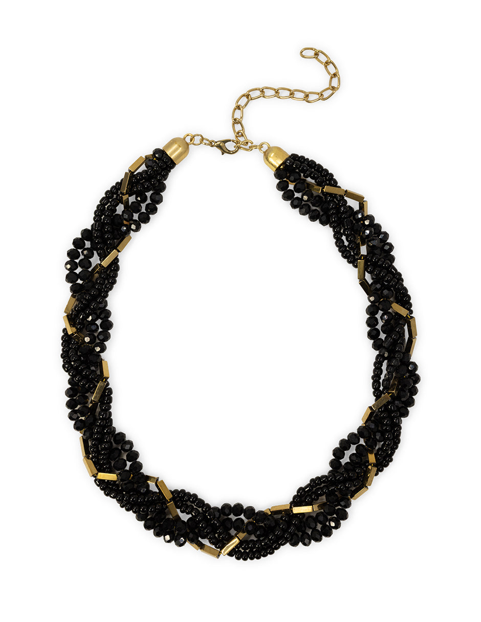 Collar negro trenzado con cuentas doradas