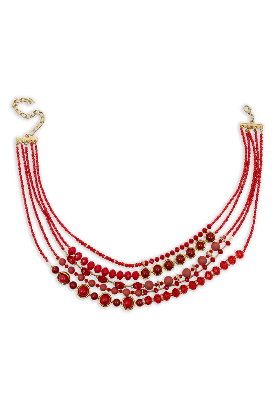Collar Cascada Roja con cuentas de chaquira y detalles dorados