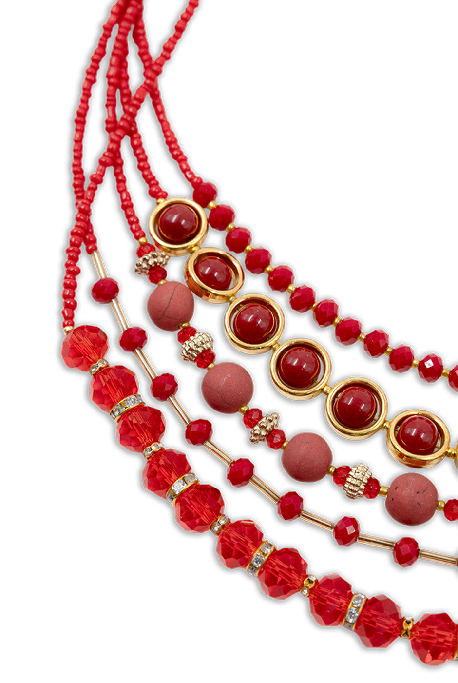 Collar Cascada Roja con cuentas de chaquira y detalles dorados