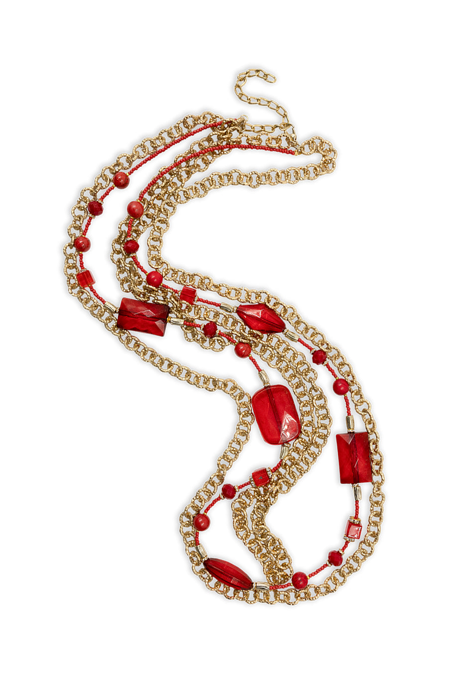 Collar elegante de cadenas doradas con gemas rojas