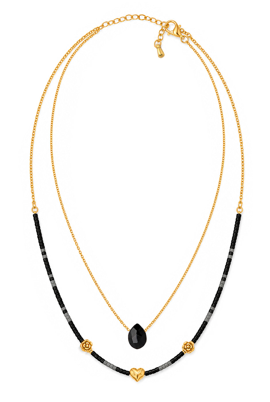 Collar doble de cadena dorada con cuentas negras y detalles