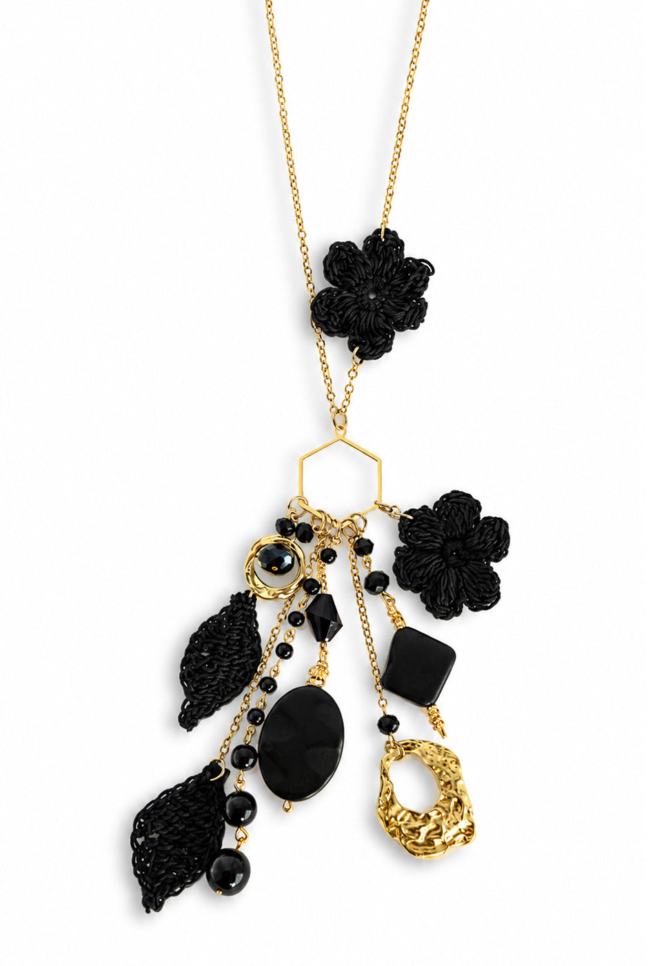 Collar Lariat Maxi negro con cuentas florales y geométricas