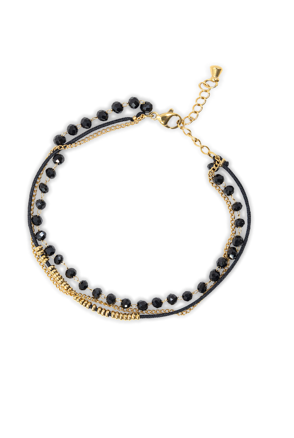Pulsera de tres capas en negro y dorado con cierre ajustable
