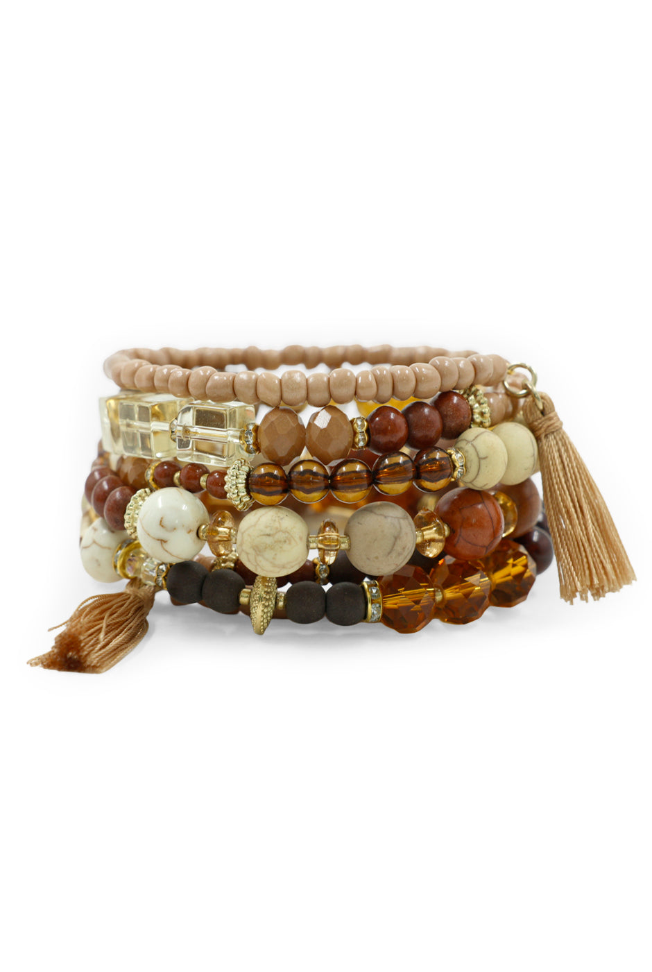 Pulsera bohemia marrón con cuentas y borlas