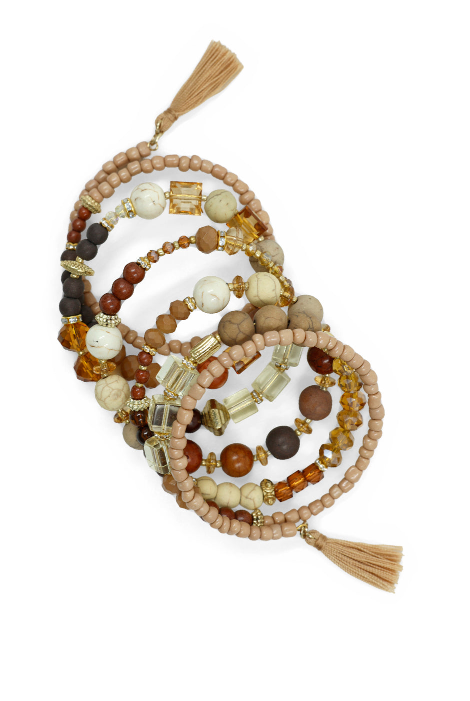 Pulsera bohemia marrón con cuentas y borlas