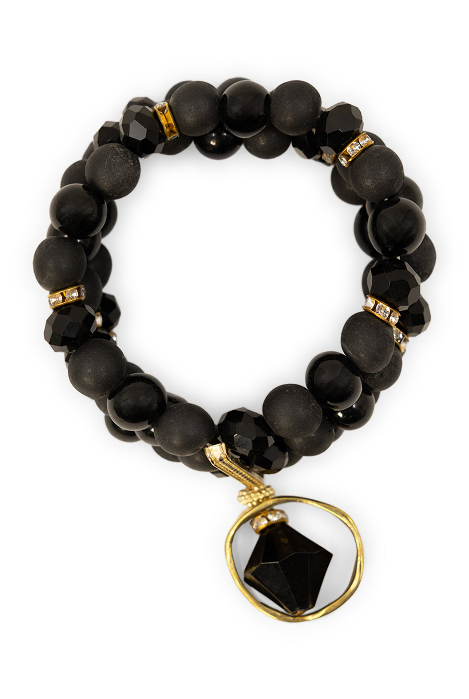 Pulsera negra de tres capas con cuentas y dije de rombo