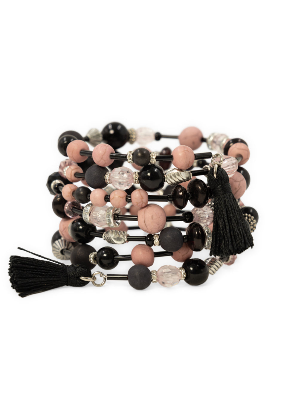 Pulsera bohemia envolvente con cuentas multicolor y borlas negras