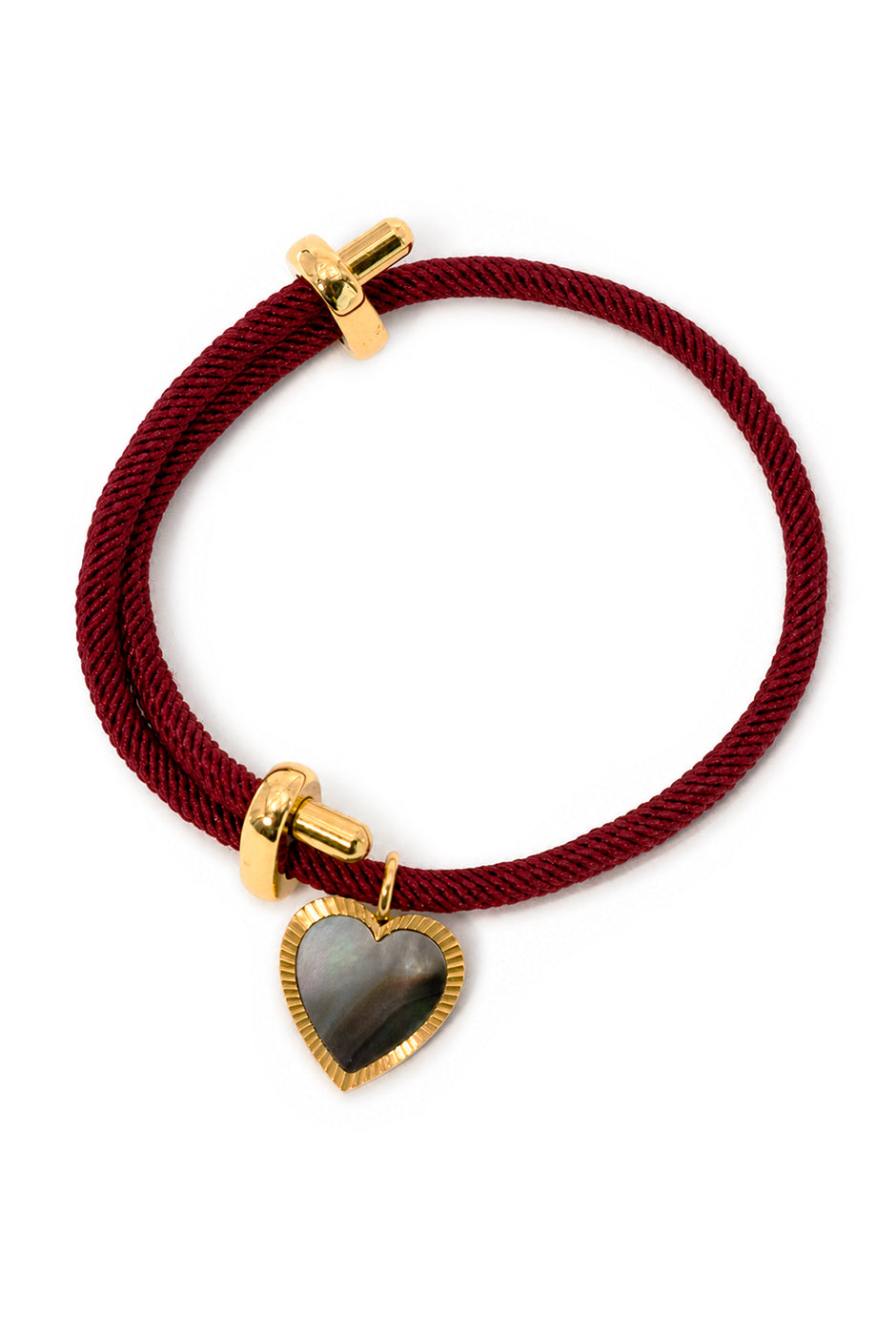 Brazalete de cordón vino con colgante de corazón y detalles metálicos
