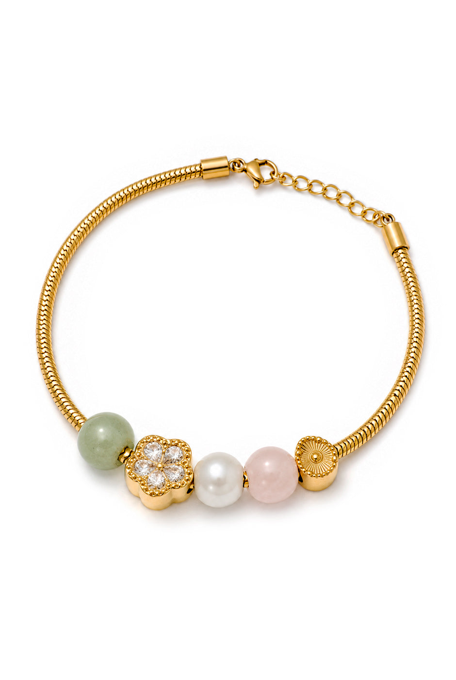 Pulsera dorada con cuentas de colores y flor incrustada