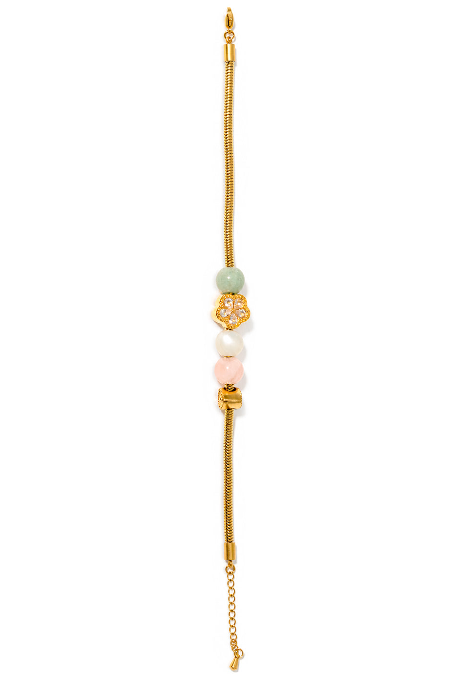 Pulsera dorada con cuentas de colores y flor incrustada