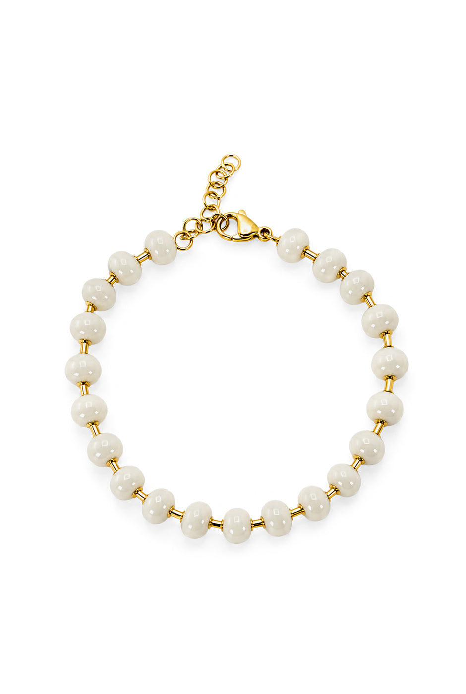 Pulsera Off-White con abalorios esféricos y broche ajustable.