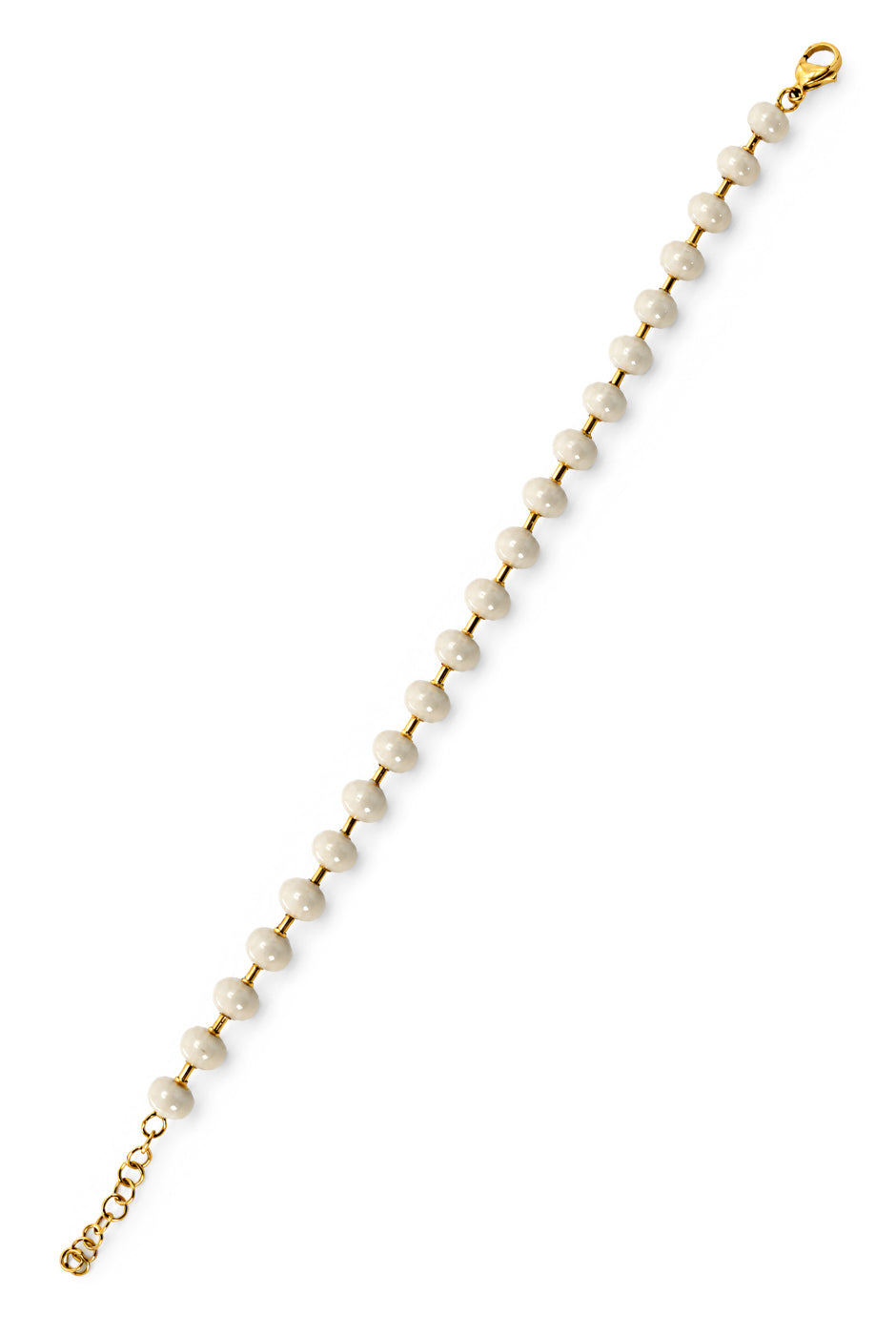 Pulsera Off-White con abalorios esféricos y broche ajustable.