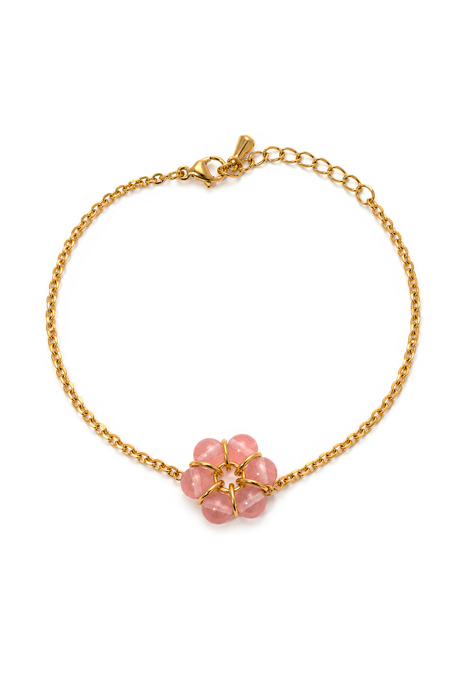 Pulsera dorada con flor de cuentas rosadas