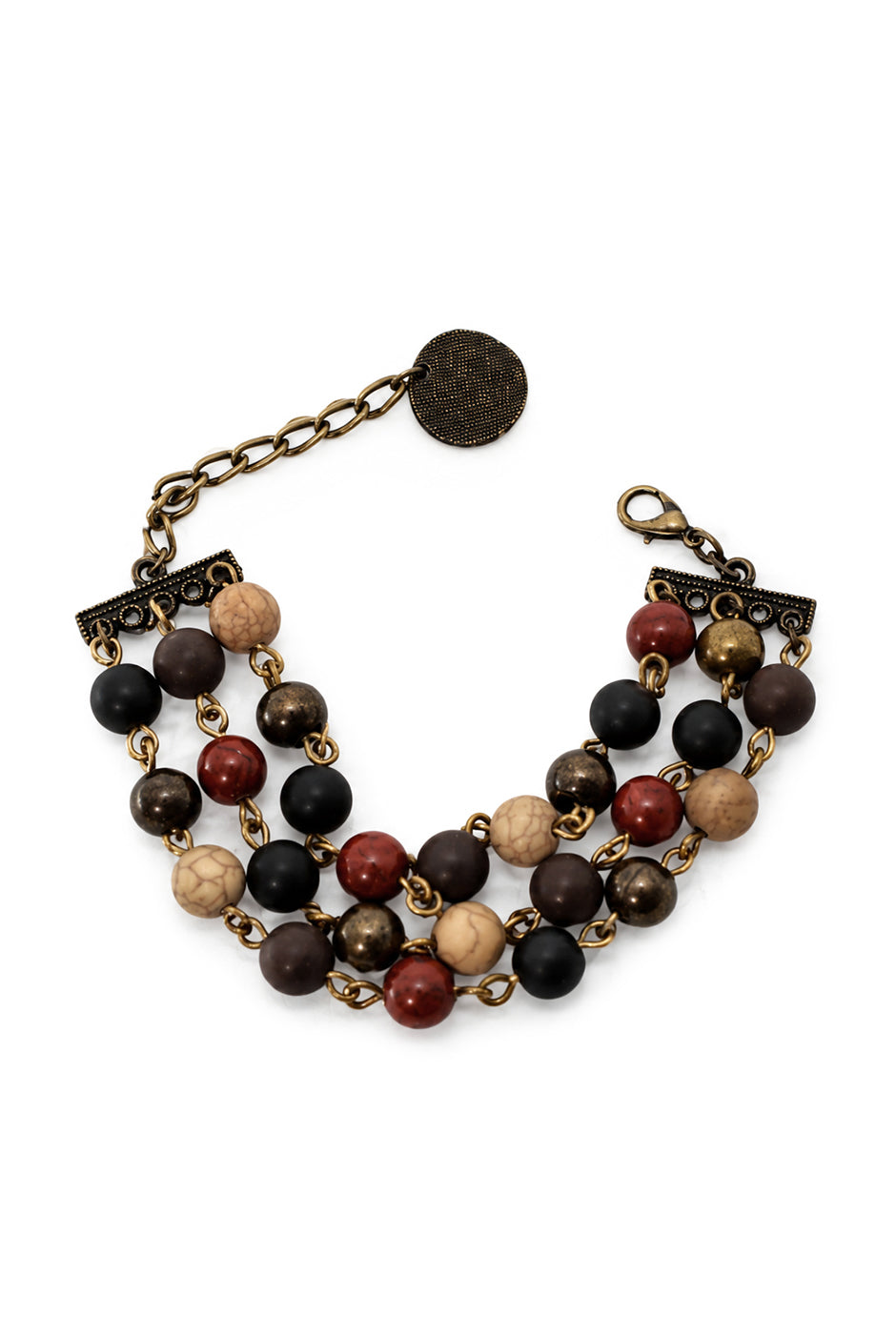 Pulsera bohemia de tres capas con cuentas y dije de moneda