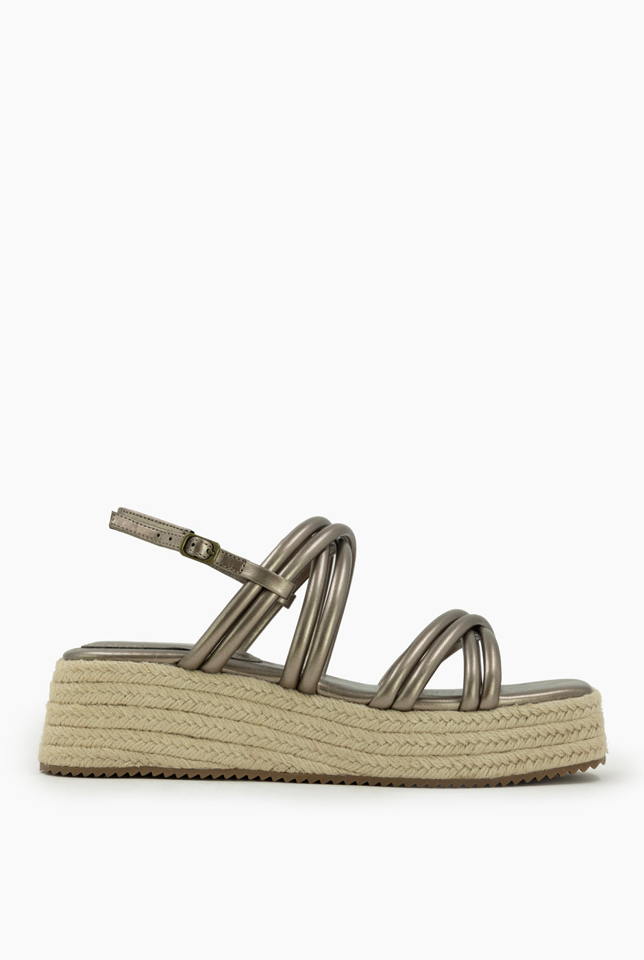 Sandalia metálica pewter con plataforma y hebilla ajustable