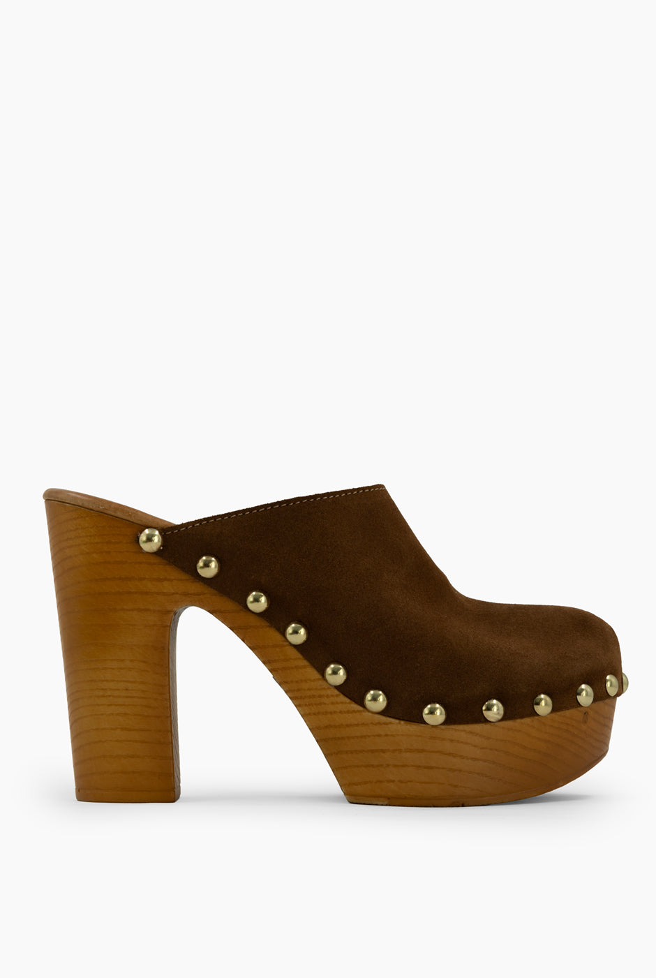 Zueco de cuero con remaches y tacón de madera de 12 cm color chocolate