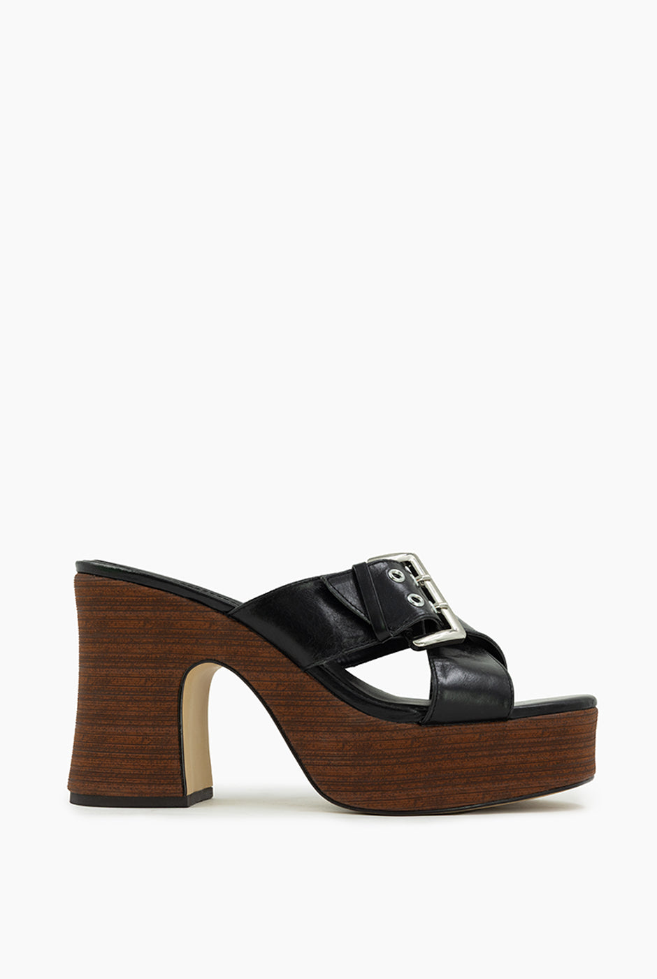 Sandalia Buckle Cinto con tacón de madera y cintas cruzadas