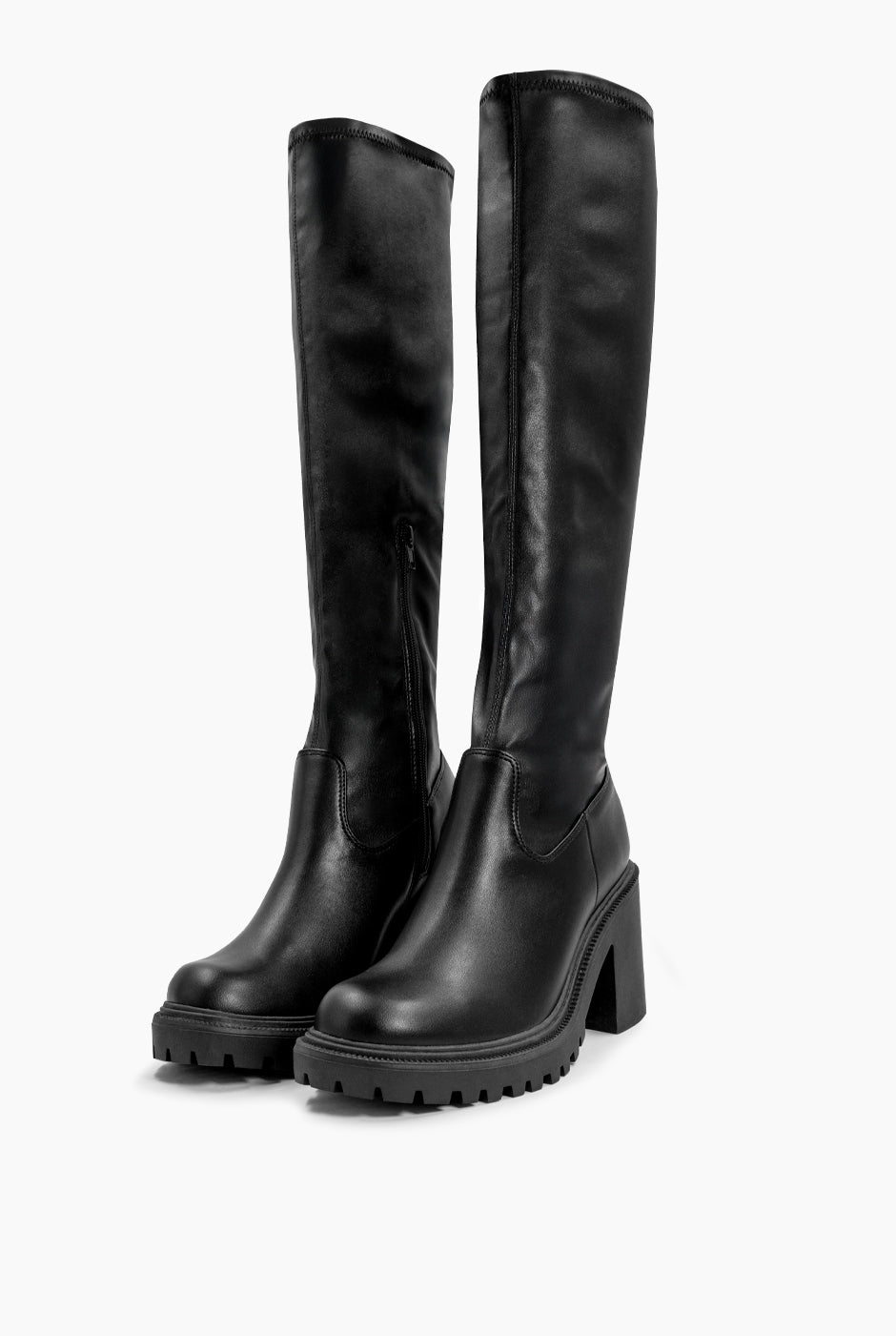 Bota alta negra de ecopiel con tacón grueso y suela antiderrapante