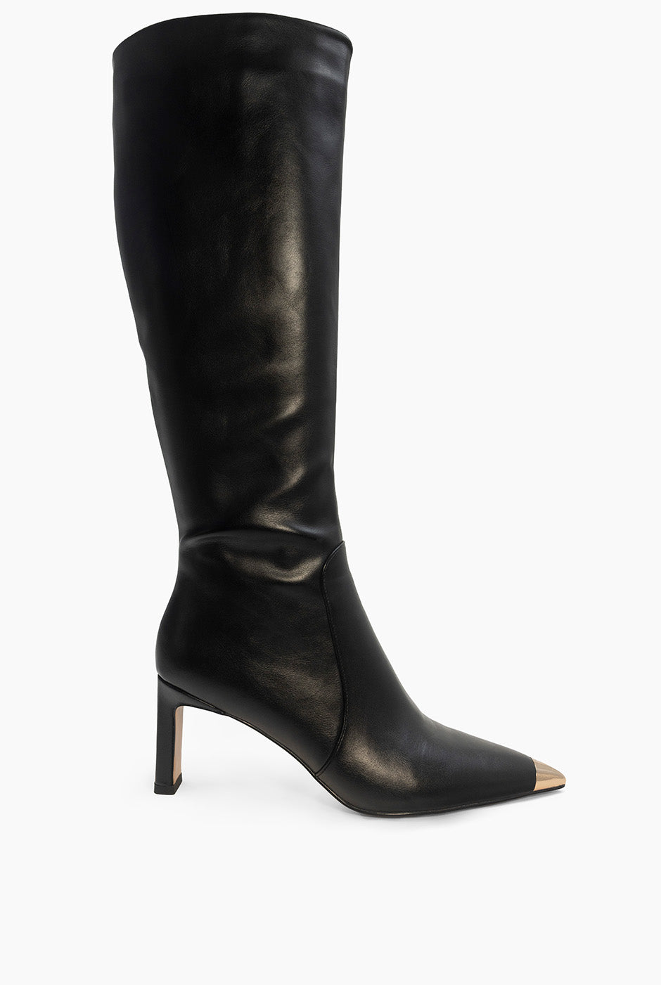 Bota alta de ecopiel negra con punta metalizada y tacón rectangular