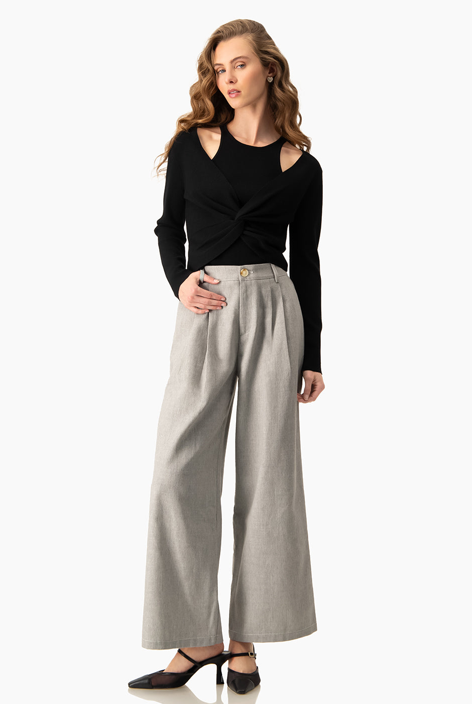 Pantalón palazzo denim gris con pinzas y pretina elástica