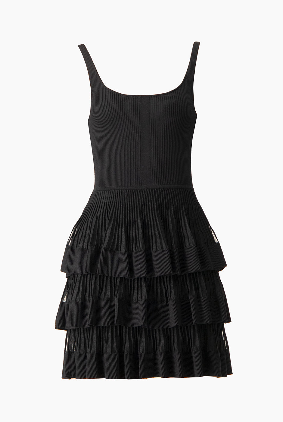 Vestido mini negro sin mangas con falda de olanes en mesh