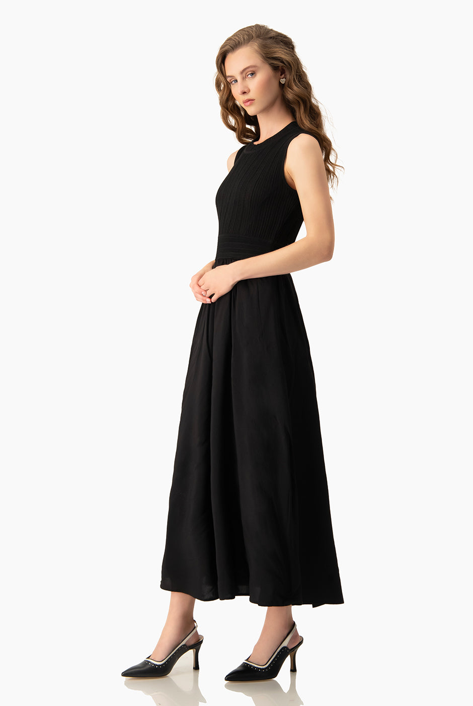 Vestido Largo Mixed Negro con talle tejido y falda combinada