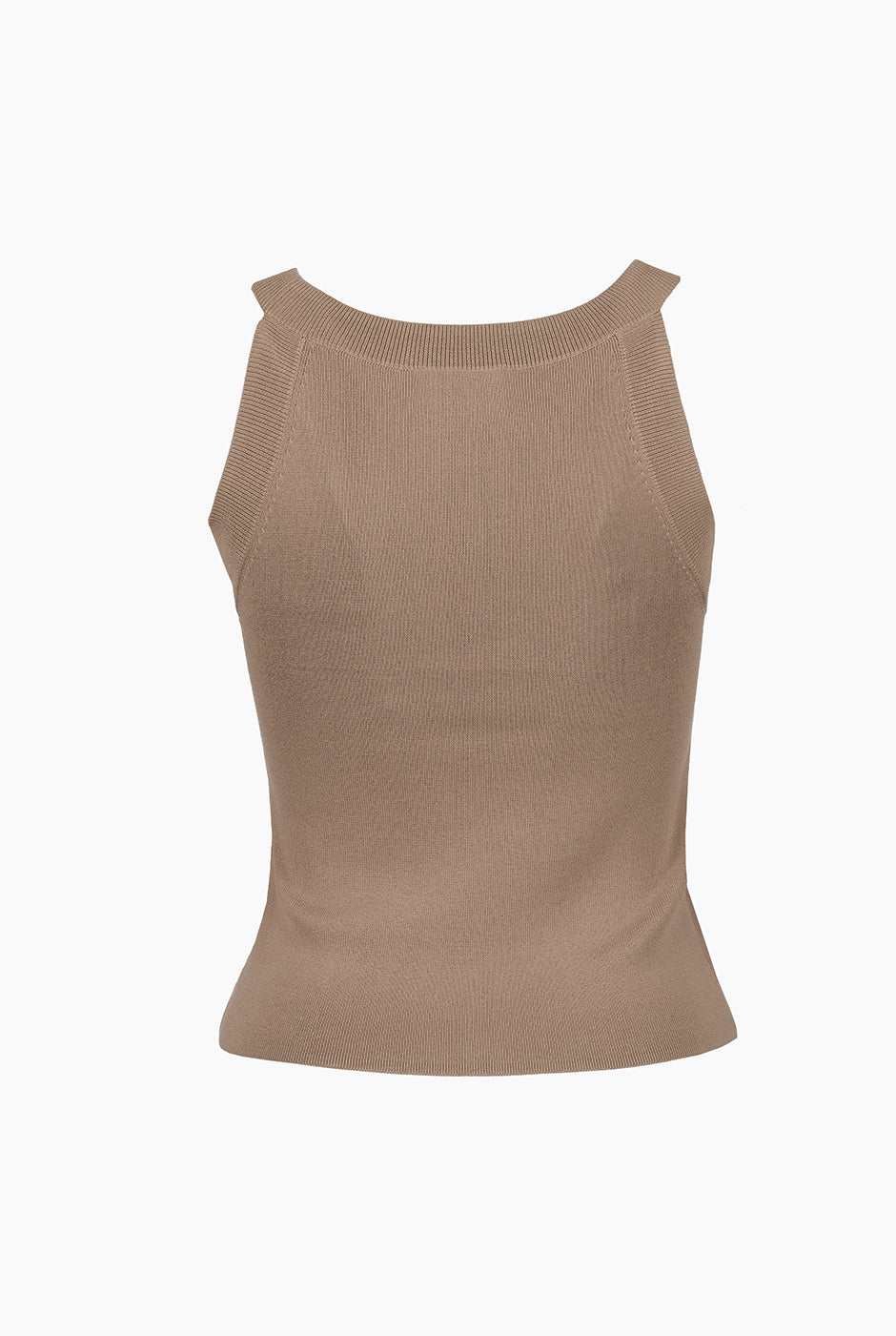 Top halter rib beige sin mangas sobre fondo blanco