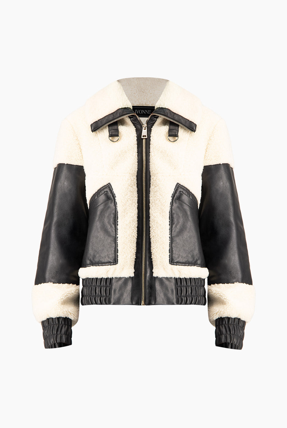 Chaqueta Teddy PU negra con ecopiel y textura afelpada